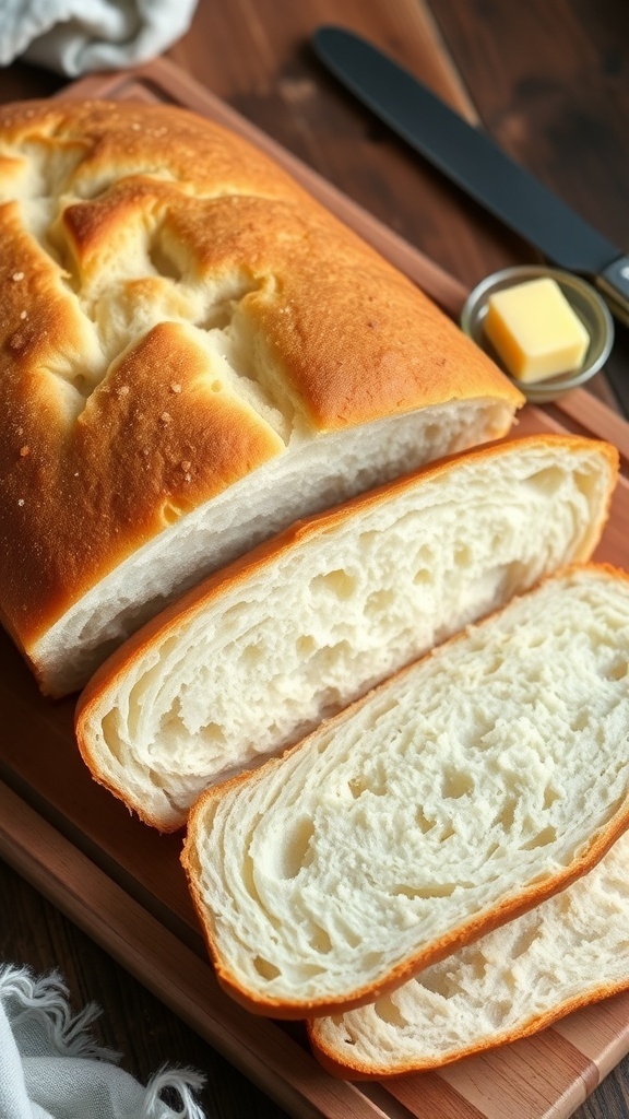 Homemade Sandwich Bread Recipe Freshly baked homemade sandwich bread loaf sliced on a wooden board with butter.
